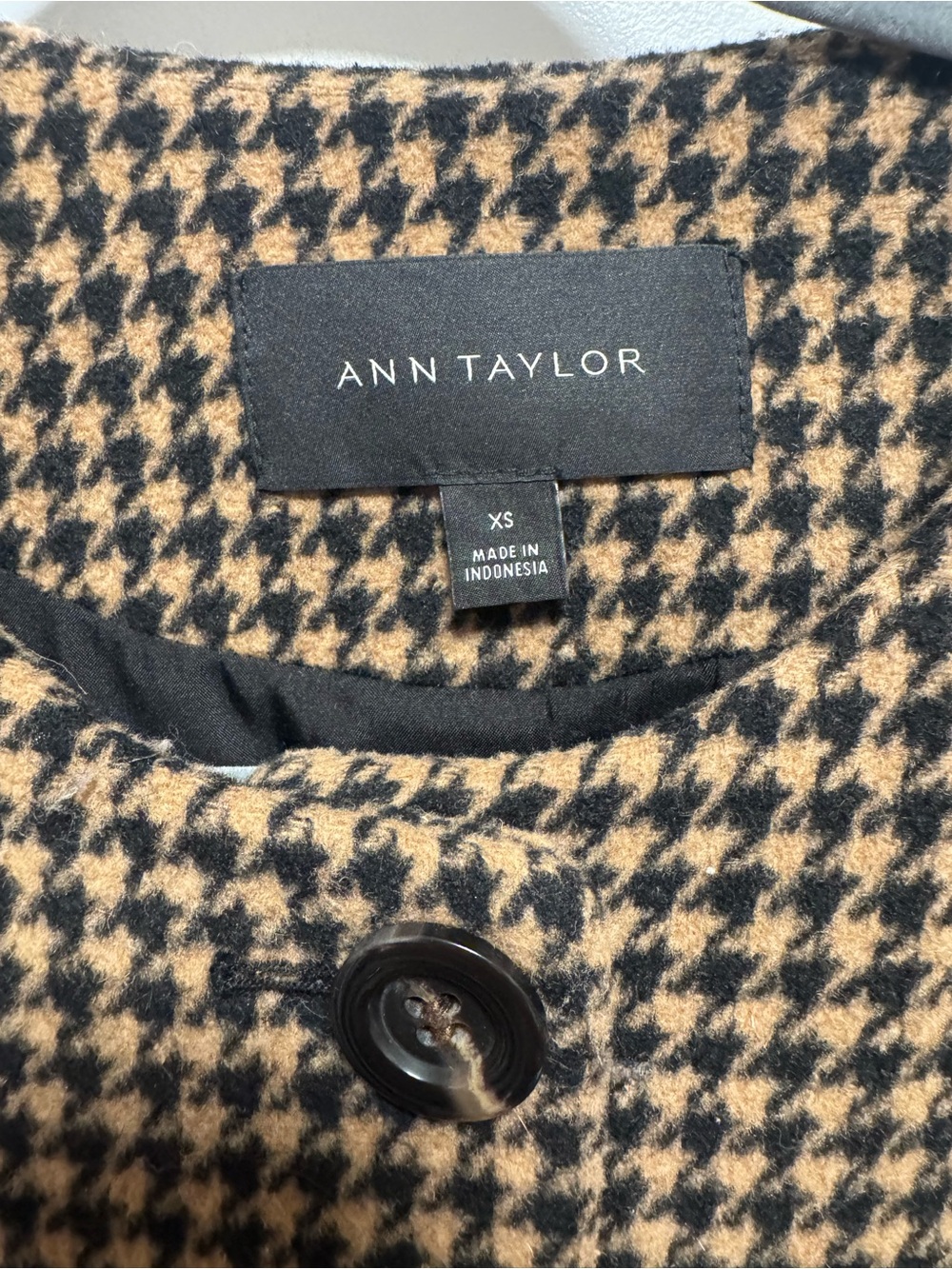 Ann Taylor Houndstooth Collarless Long Coat Black Tan XS - Picture 3 of 6